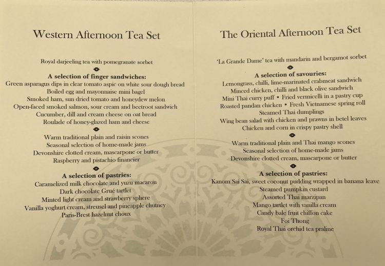 Menu do chá da tarde do Mandarin Oriental Bangkok